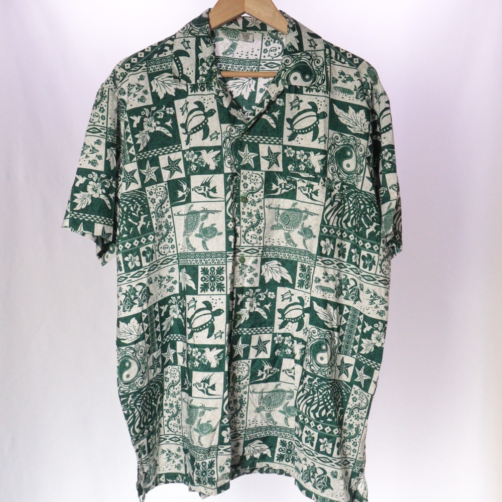 Vintage Hawaiian Shirt Green Turtle Geometric Men 2XL Short Sleeve Button Up - Picture 2 of 8